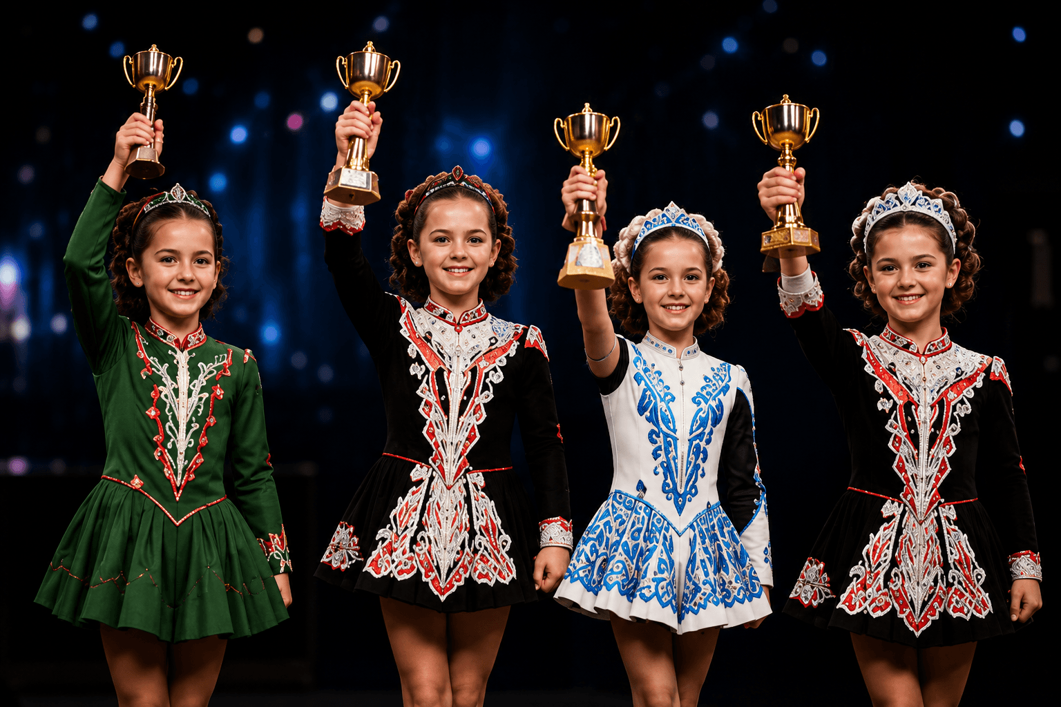 Irish dancers holding competition trophies