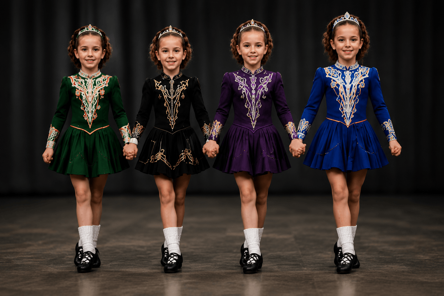 Irish dancers wearing different dance costumes