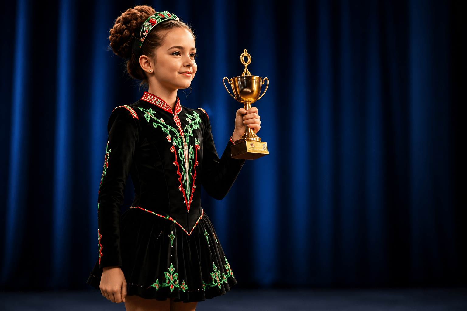 Irish dancer holding a trophy