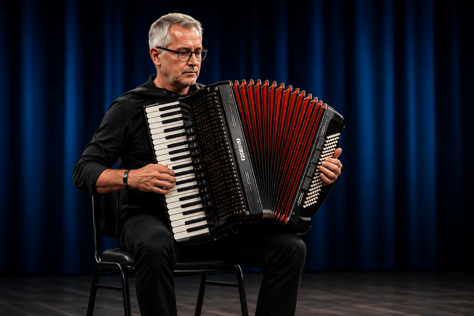 Musician playing accordion at an Irish dance competition